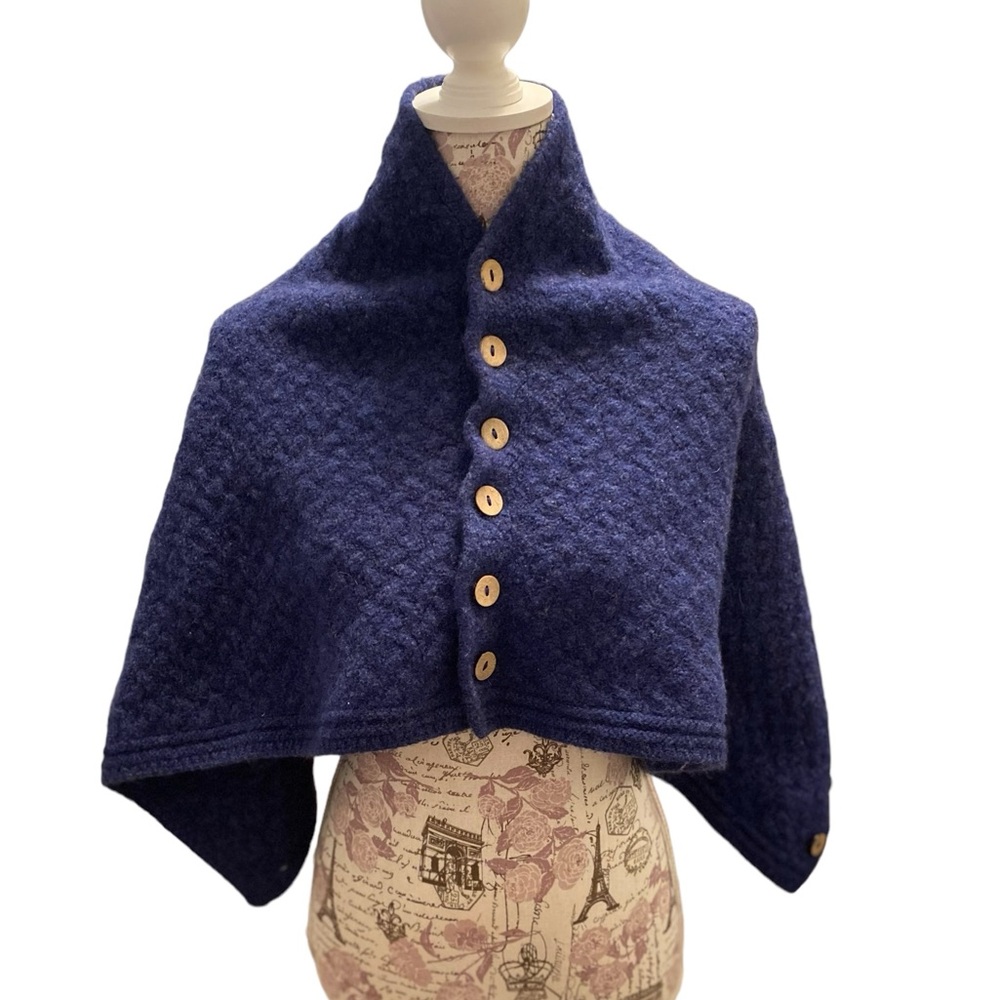 Navy Button-Front Wool Wrap Shawl - Women